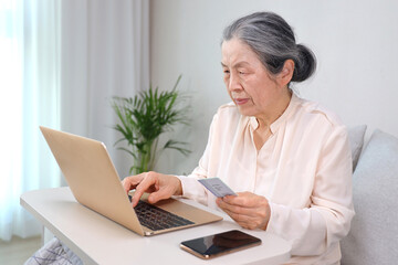 신용카드 들고 노트북 하는 여성 어르신 _ 디지털 교육
