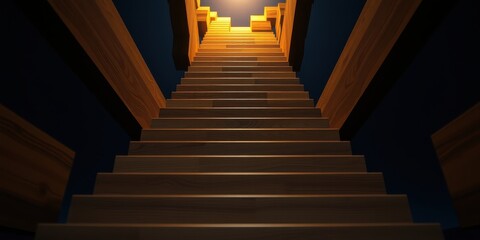 A low angle view of wooden stairs leading upwards into a bright light, showcasing a sense of possibility and hope