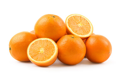 Fresh oranges with cut in half isolated on white background. Clipping path.