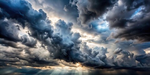 A dense bank of dark grey clouds blocks the sun's rays in a dramatic landscape, cloudy, dramatic