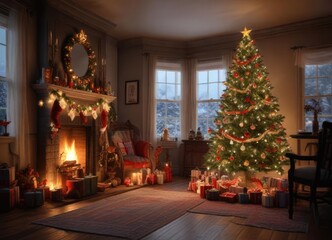 A dimly lit room filled with Christmas decorations and twinkling lights, twinkle lights, icy accents, festive atmosphere