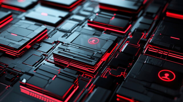 High-Level Cybersecurity Protection. Locked digital files & servers secured. Red warning symbols for active defense. Sensitive data secured.  Robust cyber security