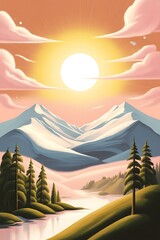A nature landscape backgound with a lake and mountain in the sun set view