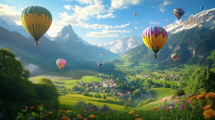 Fototapeta premium A colorful hot air balloon festival in a picturesque valley surrounded by mountains and open fields.