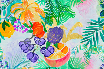 Fototapeta premium Illustration Tropical Fruit, Flowers, Leaves Summer Seamless Pattern