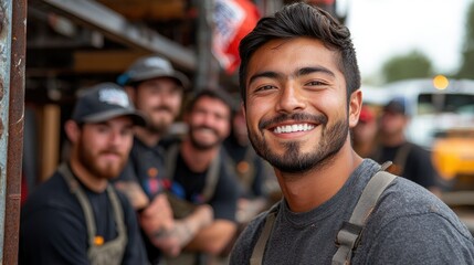 Happy young man smiling with coworkers in the background