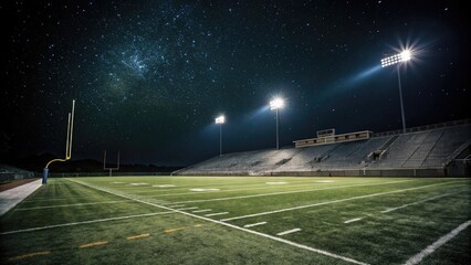 A football field under starry night sky with a few spotlights shining on the grass, creating a sense of mystery and intrigue, sports equipment, illumination, stars, dusk