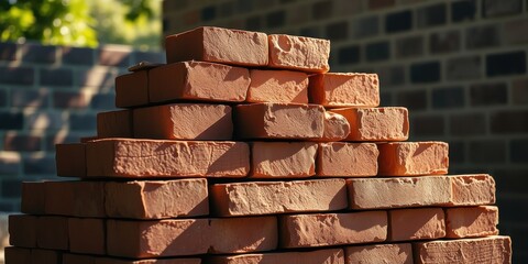 Obraz premium A stack of red bricks, meticulously arranged in a staggered pattern, captures the essence of construction and the enduring nature of brickwork.