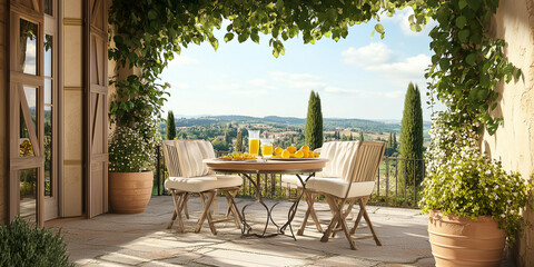 Obraz premium Ein Balkon im französischen Stil einer Villa. Pflanzen und Bäume. Sessel um einen Tisch. Reisen Urlaub Toskana