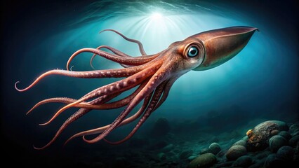 a giant squid lurking in the dark depths of the abyssal plain, deep sea, underwater world, mysterious depths, weightlessness