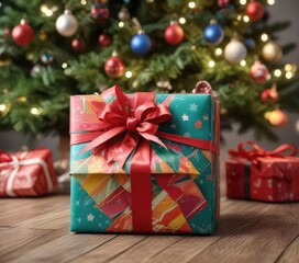 A gift wrapped in colorful paper and tied with a ribbon, placed under a Christmas tree, seasonal gifts, colored paper, gift wrapping paper