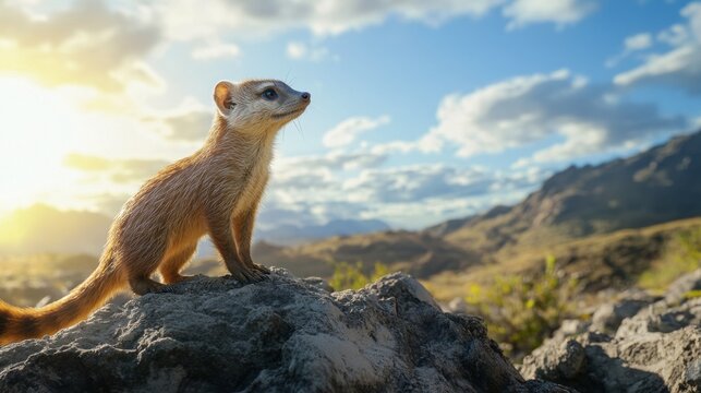 A common mongoose Herpestes ichneumon standing alert on a rocky terrain, scanning its surroundings with keen eyes under a bright European sky.