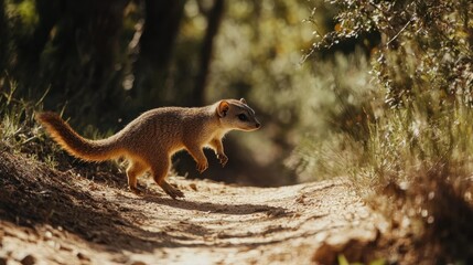 Obraz premium A common mongoose mid-stride on a dirt path in a Mediterranean forest, showcasing its agile movement and keen awareness.