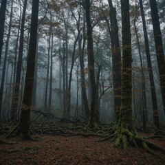 Fototapeta premium An atmospheric scene at the edge of a dense forest, with tall, ancient trees lining the boundary. 