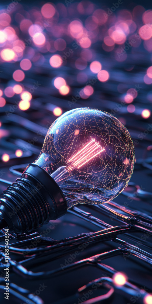 Aufkleber Illuminated Light Bulb on Neon Circuit Background with Glowing Abstract Patterns