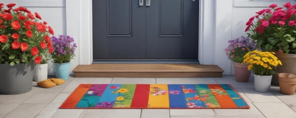 A house with a spring-themed doormat and colorful flowers on the porch, vibrant, doormat