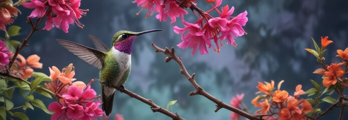 A hummingbird perched on a branch of a colorful flower, sipping the sweet nectar, bird, delicate