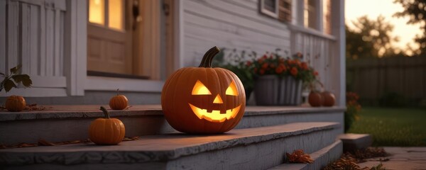 Obraz premium A jack-o-lantern grins from a porch step in the fading light of day, porch step,