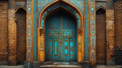 Fototapeta premium Ornate Turquoise Doorway In Ancient Brick Building