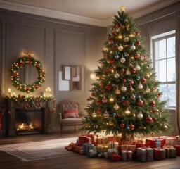 A large Christmas tree with many ornaments and garlands, garlands, ornaments