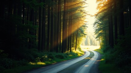 A winding dirt road cuts through a dense forest, sunlight breaking through the canopy, illuminating the path ahead