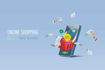 Shopping basket with 50% sale on credit card in smartphone app. Finance marketing, money spending on credit card for online shopping, E commerce technology, shopping advertisement. 3D vector.