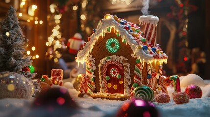 A cozy gingerbread house adorned with colorful frosting and candy decorations, evoking a warm holiday atmosphere, ideal for Christmas-themed photos.