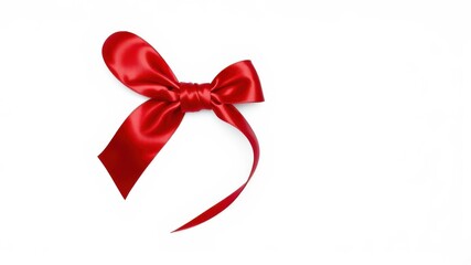 A single red satin ribbon bow with a flowing tail, isolated on a white background
