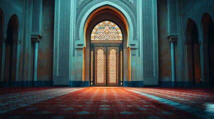 Obraz premium Ornate Mosque Entrance With Intricate Door And Stained Glass