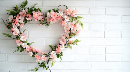 A delicate heart-shaped flower wreath of cherry blossoms and small fern leaves, hung on a white brick wall