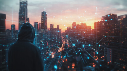 Hacker are planning to hack and attack networks and cyber security systems. Smart digital city with connection cyber security network reciprocity over the cityscape .