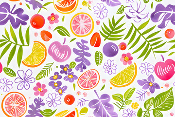 Illustration Background - Tropical Fruits, Flowers, Leaves Pattern