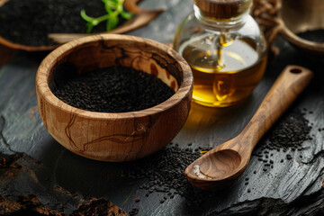 Black sesame seeds and oil in rustic wooden bowl and spoon on da