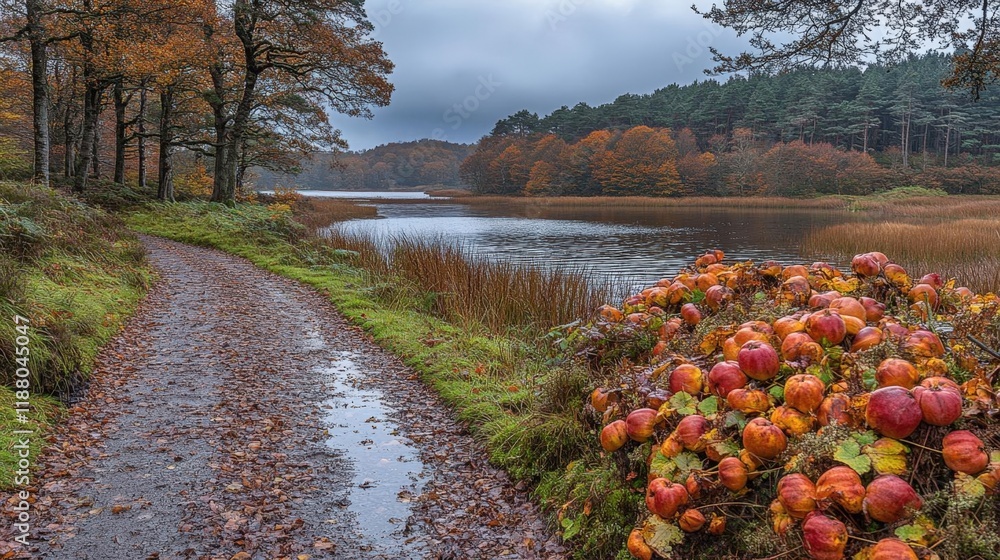 Poster autumnal lake scene with a path and apple trees