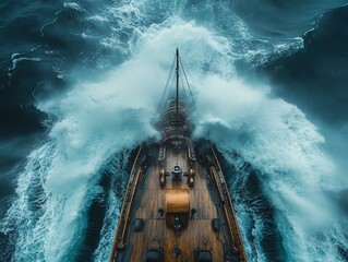 Aerial view of a wooden ship cutting through powerful ocean waves, showcasing maritime adventure and nature's force.
