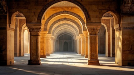 Sunlit Arches In A Grand Mosque Corridor