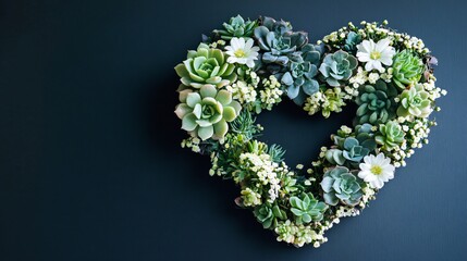 Obraz premium A modern floral heart made of succulents and small white blossoms, placed on a sleek black table