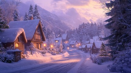 A cozy snowy village street at dusk, with warm light from homes illuminating the streets, evoking a sense of peacefulness and winter tranquility.