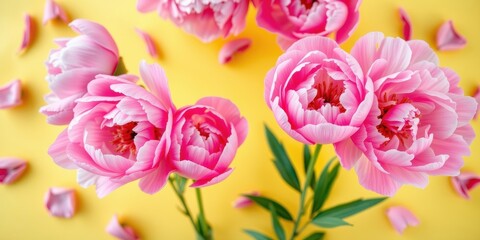 Obraz premium Pink Peonies on a Vibrant Yellow Background, a Stunning Floral Display of Delicate Beauty and Vivid Color