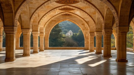 Arched Colonnade Framing Distant Mosque View