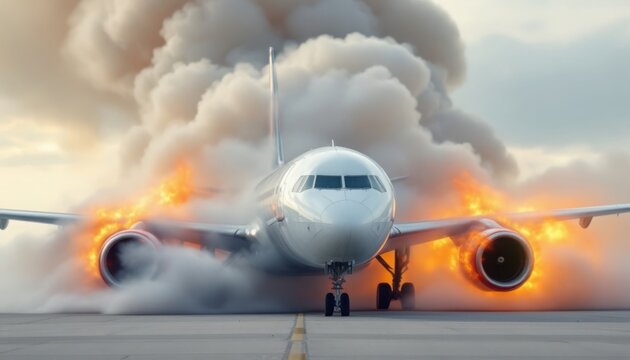 Airplane Engine Fire Emergency Landing Dramatic Scene