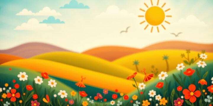 A sunny day in the meadow with bright flowers and rolling hills in the background