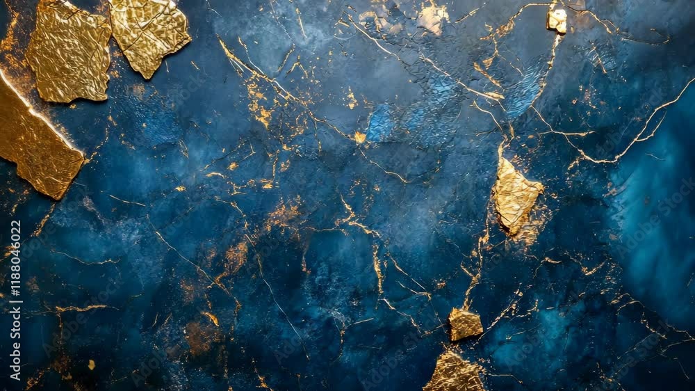 Poster abstract blue and gold texture with metallic elements creating a striking visual contrast