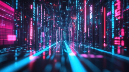Obraz premium Futuristic digital tunnel with glowing pink and blue data streams.