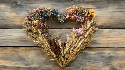 A rustic heart-shaped arrangement of dried flowers and wheat, displayed on a wooden panel