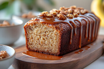 Close-up of a delicious pecan banana bread loaf cake drizzled with caramel sauce, presented on a wooden board