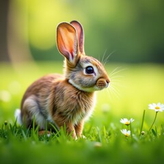 Fototapeta premium Little bunny looks away with perked up ears in meadow, nature, flowers