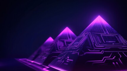 Three glowing purple pyramids with circuit board patterns on dark background.