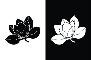 Magnolia Flower Silhouette. Elegant Black Icons on White Background © Nezamur