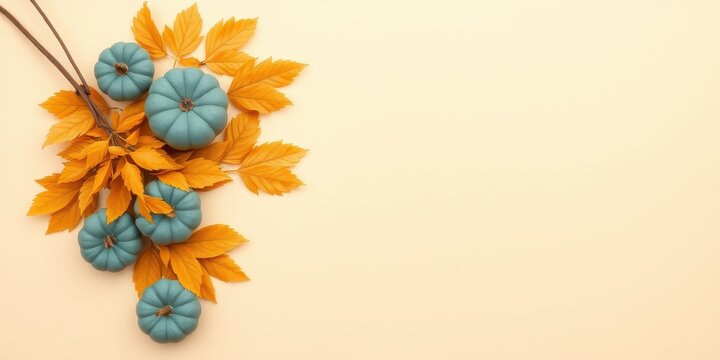A cluster of blue pumpkins on a branch with autumn leaves against a cream background